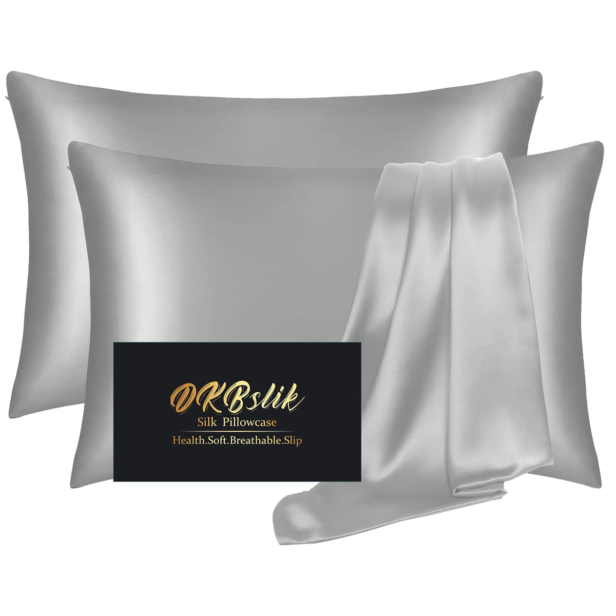 DKBslik silk pillowcase 2-pack grey with hidden zipper for smooth skin and hair