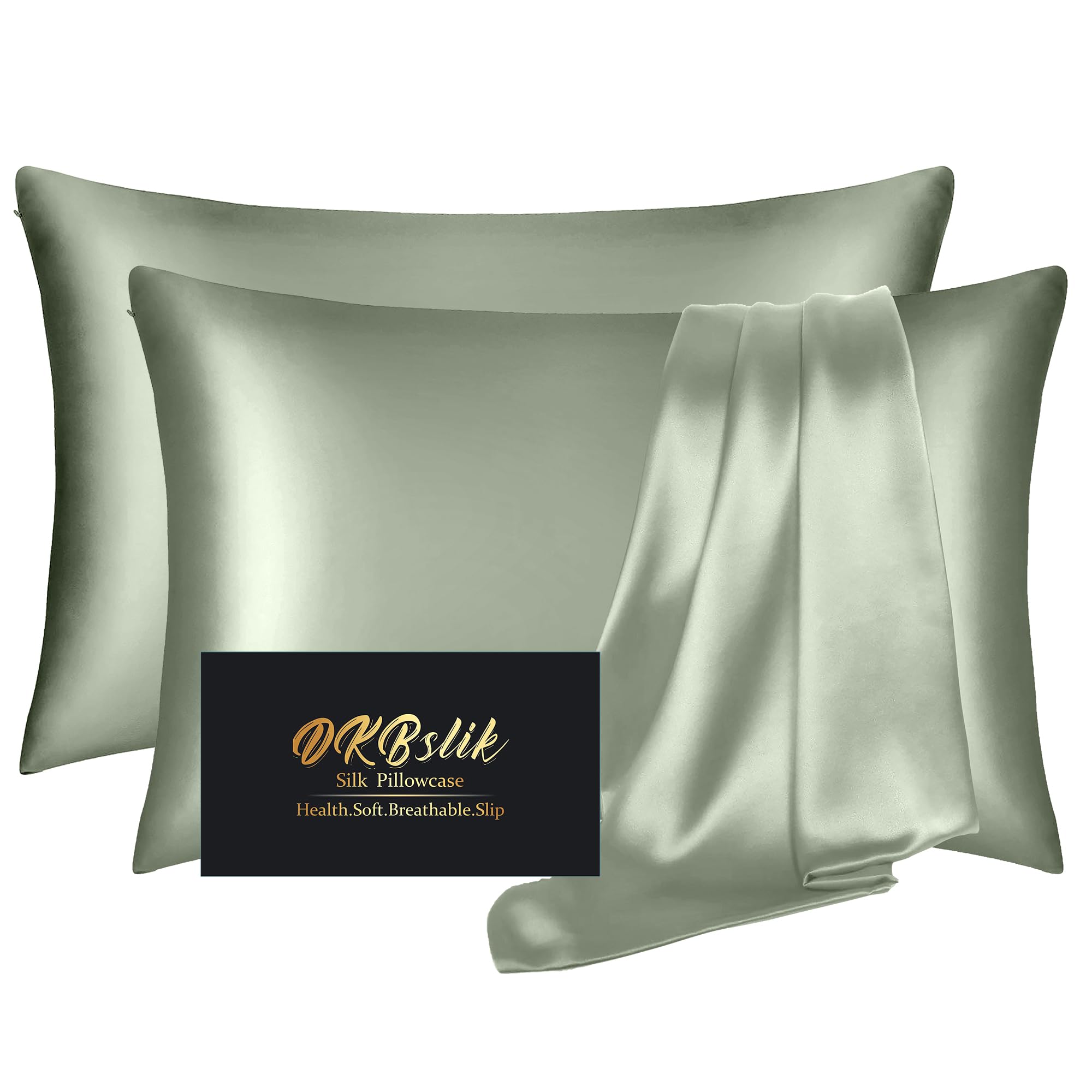 DKBslik Silk Pillowcase 2 Pack Sage Green pack shot highlights luxurious texture for smoother skin and hair