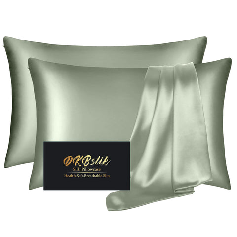 DKBslik Silk Pillowcase 2 Pack Sage Green pack shot highlights luxurious texture for smoother skin and hair
