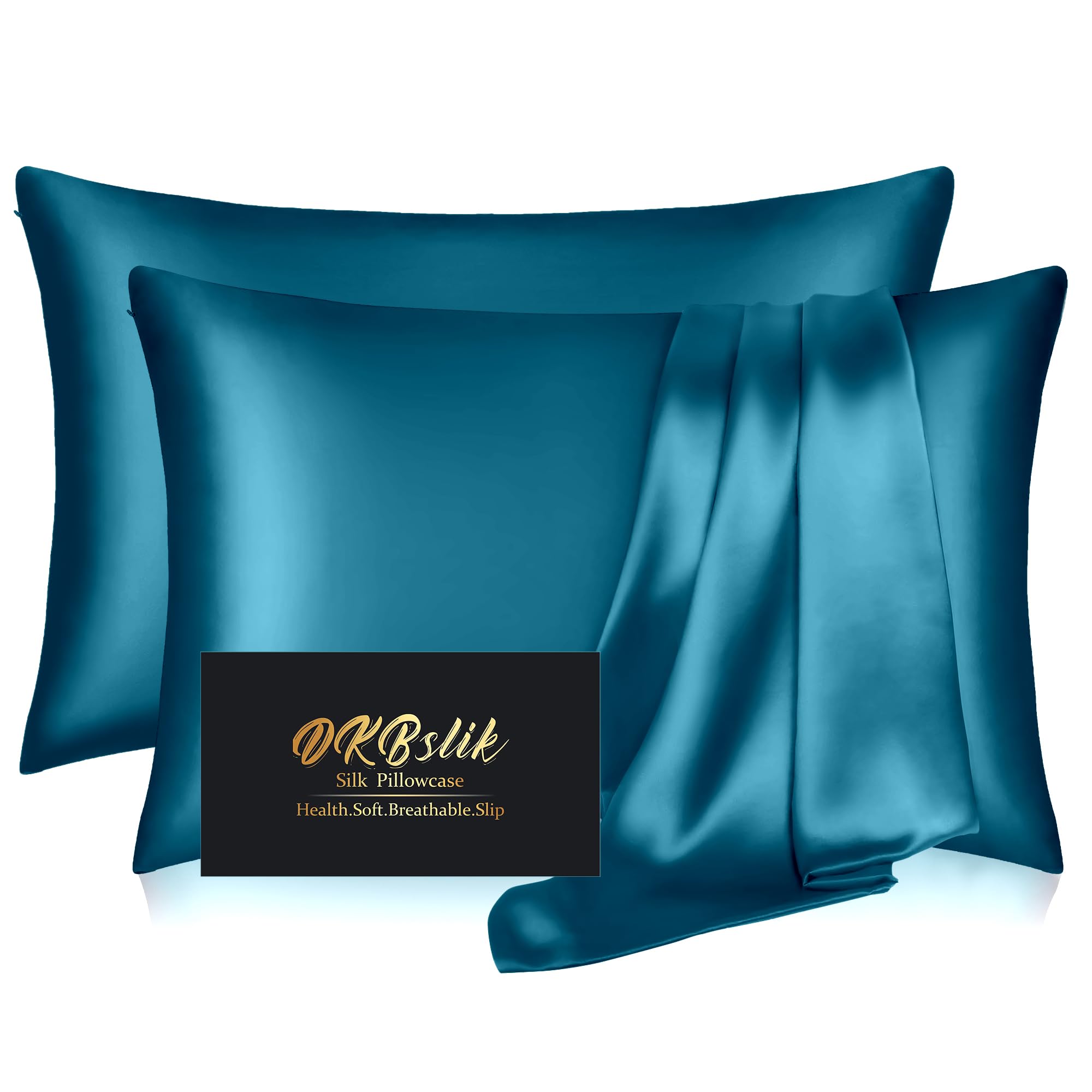 DKBslik silk pillowcase 2-pack teal on a queen bed for smoother skin and hair
