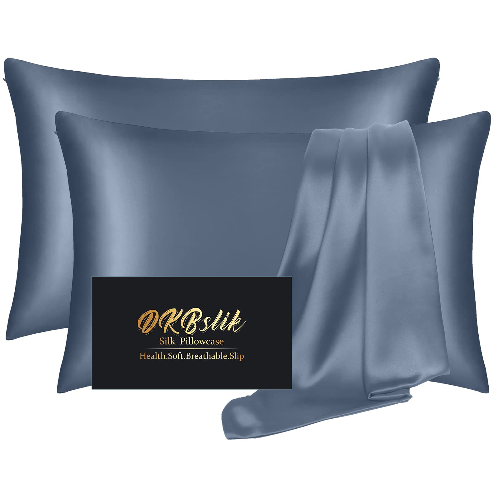 DKBslik silk pillowcase ash blue front view, smooth mulberry silk for smoother skin and hair.