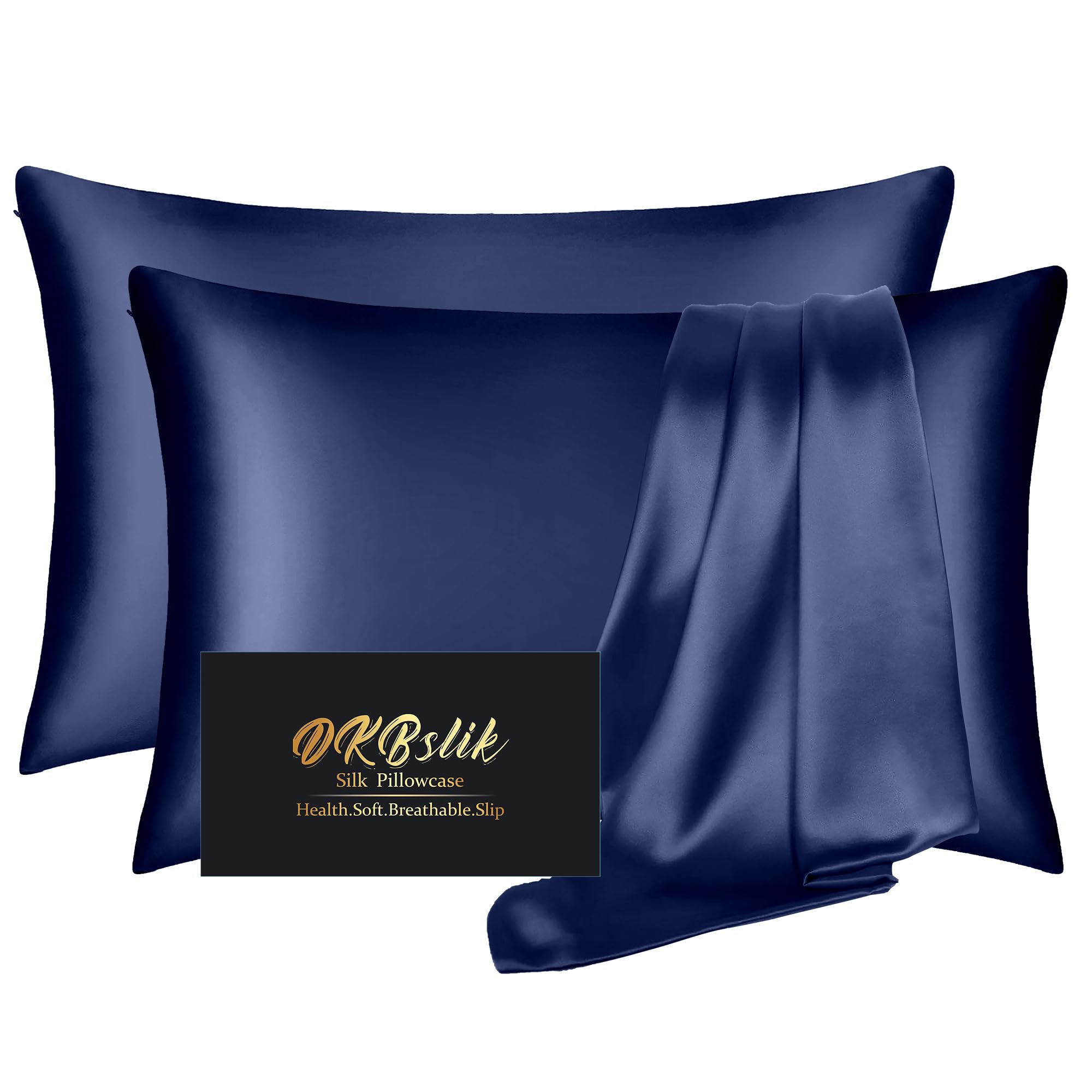 DKBslik silk pillowcases 2-pack navy blue on bed for smooth skin and hair