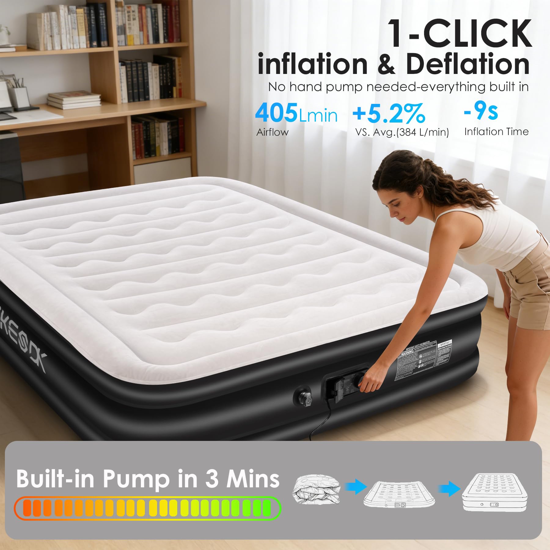 dkesdk Air Mattress Queen tall 16-inch height suitable as bed or seating.