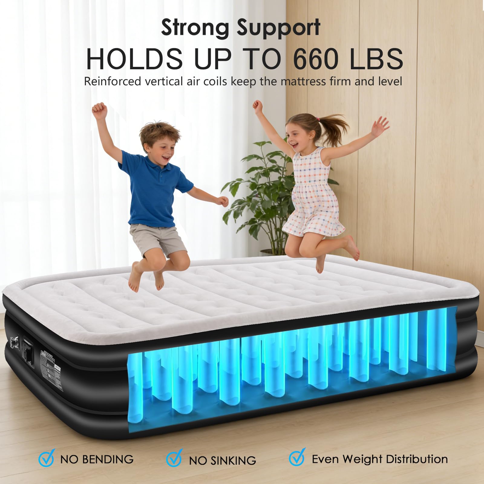 dkesdk Air Mattress Queen features six support pillars for body alignment and comfort.