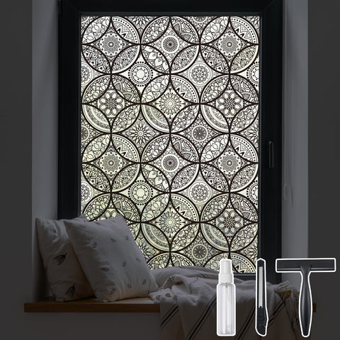DKTIE boho stained-glass look window film provides privacy with decorative diffusion