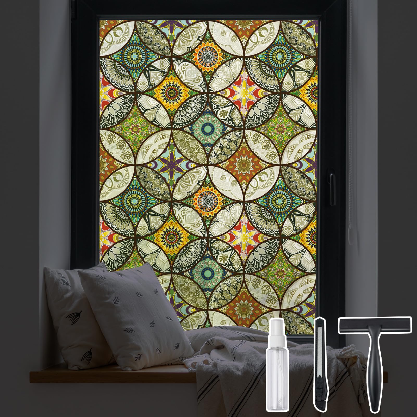 DKTIE stained glass decorative window film enhances privacy and style on a glass pane