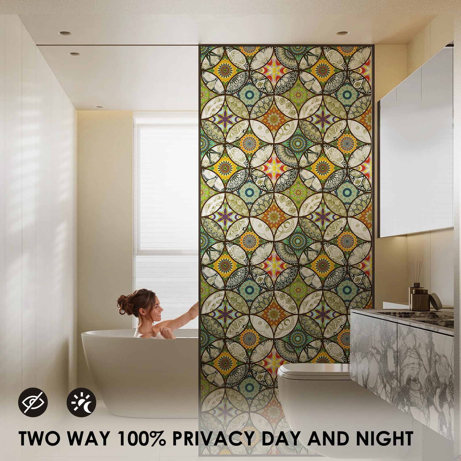 DKTIE privacy film installed in bathroom, balancing light and privacy