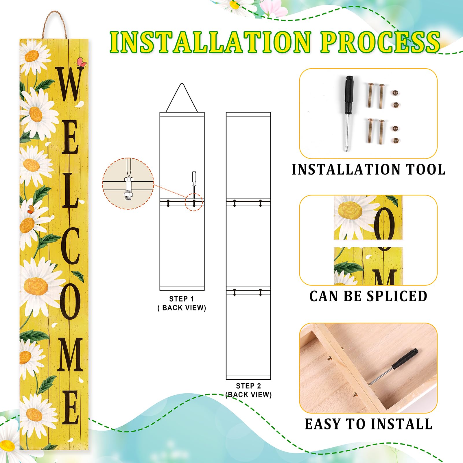 Dlerom Daisy Welcome Sign close-up showing daisies for entryway charm