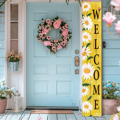 Dlerom Daisy Welcome Sign three-panel assembly for bright front porch decor