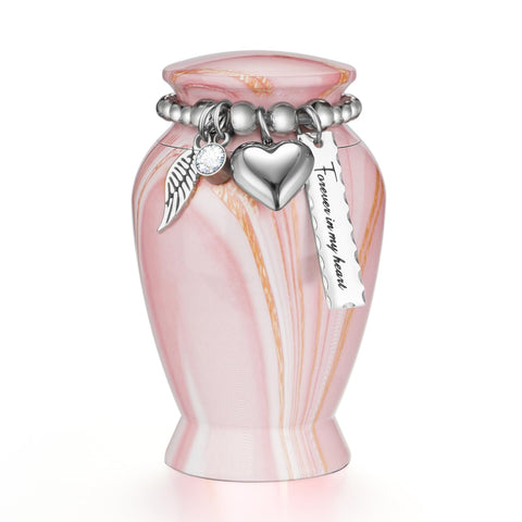 Dletay small urn with pink gold vein finish, a closeup keepsake design