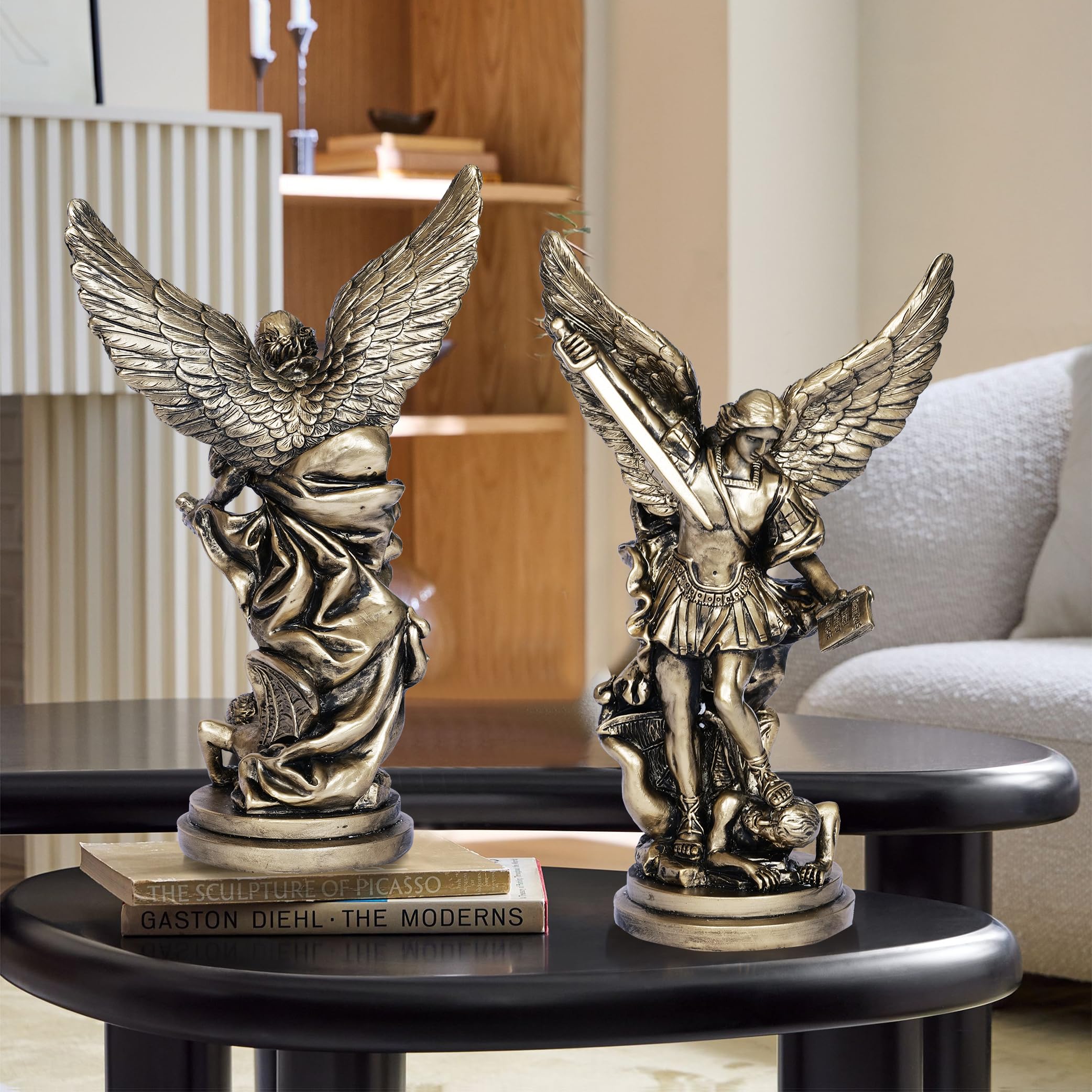 Dlfghos Saint Michael sword-book detail; lifelike carving enhances religious display.