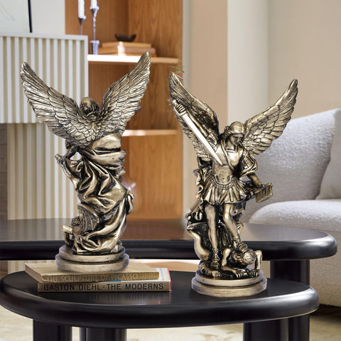 Dlfghos Saint Michael sword-book detail; lifelike carving enhances religious display.