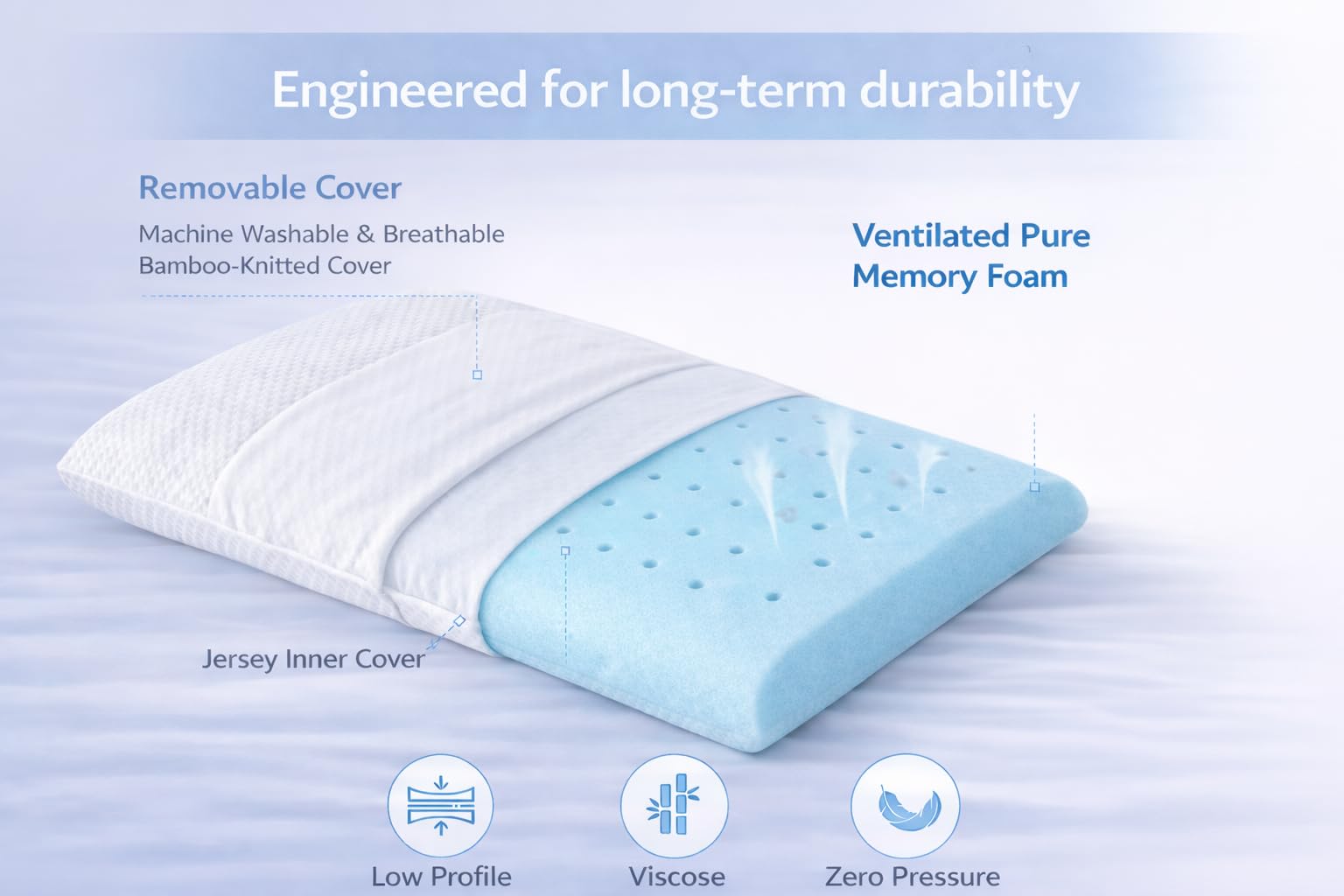 DLIGHT BD Slim Pillow side view highlighting low loft for comfortable neck alignment