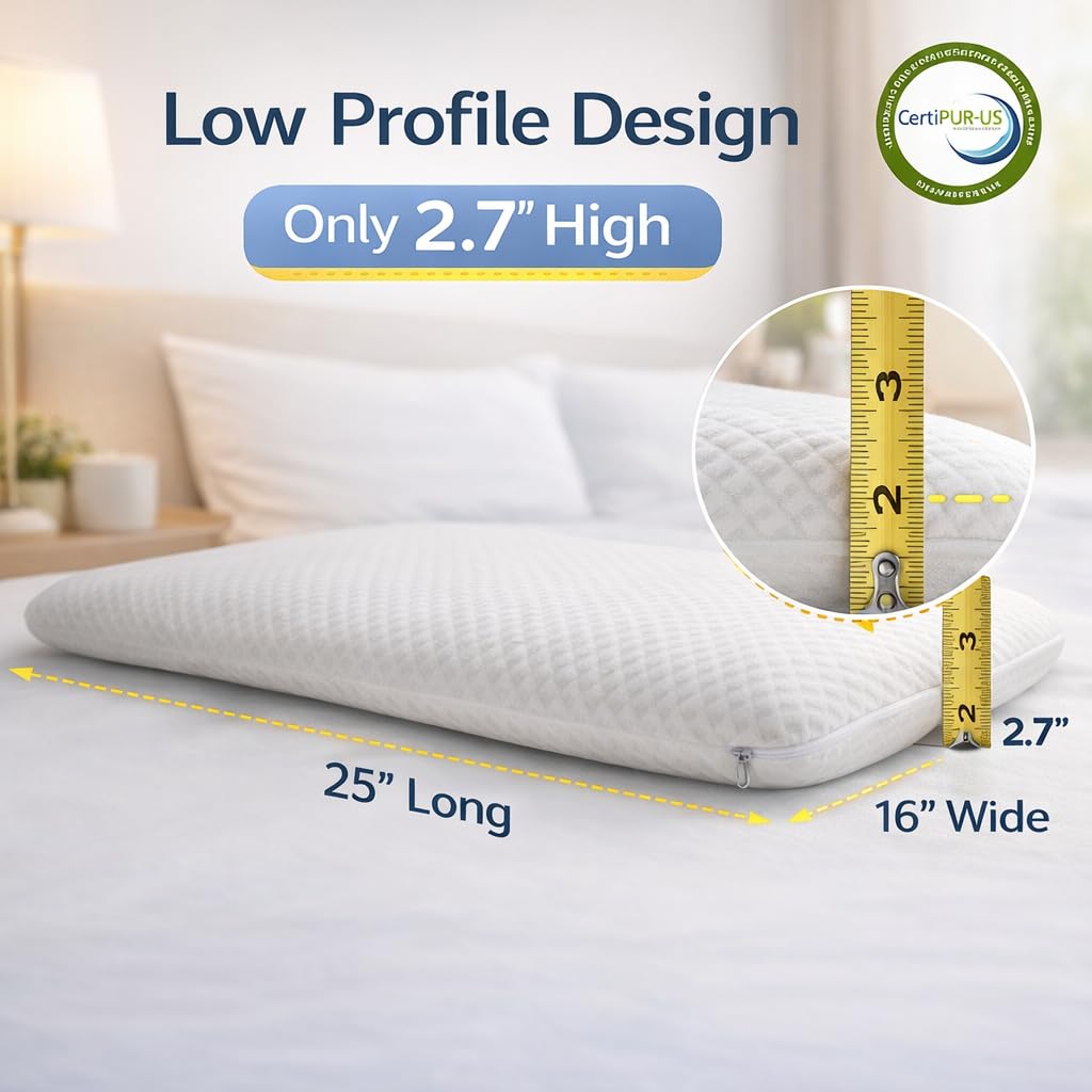 DLIGHT BD Ultra Slim 2.7-inch pillow side view demonstrates ergonomic neck alignment for back sleepers.