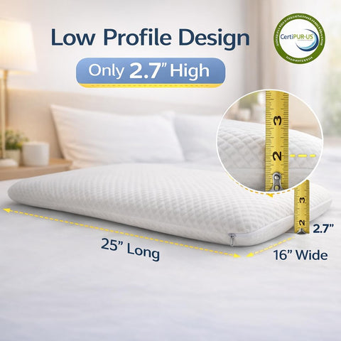 DLIGHT BD Ultra Slim 2.7-inch pillow side view demonstrates ergonomic neck alignment for back sleepers.