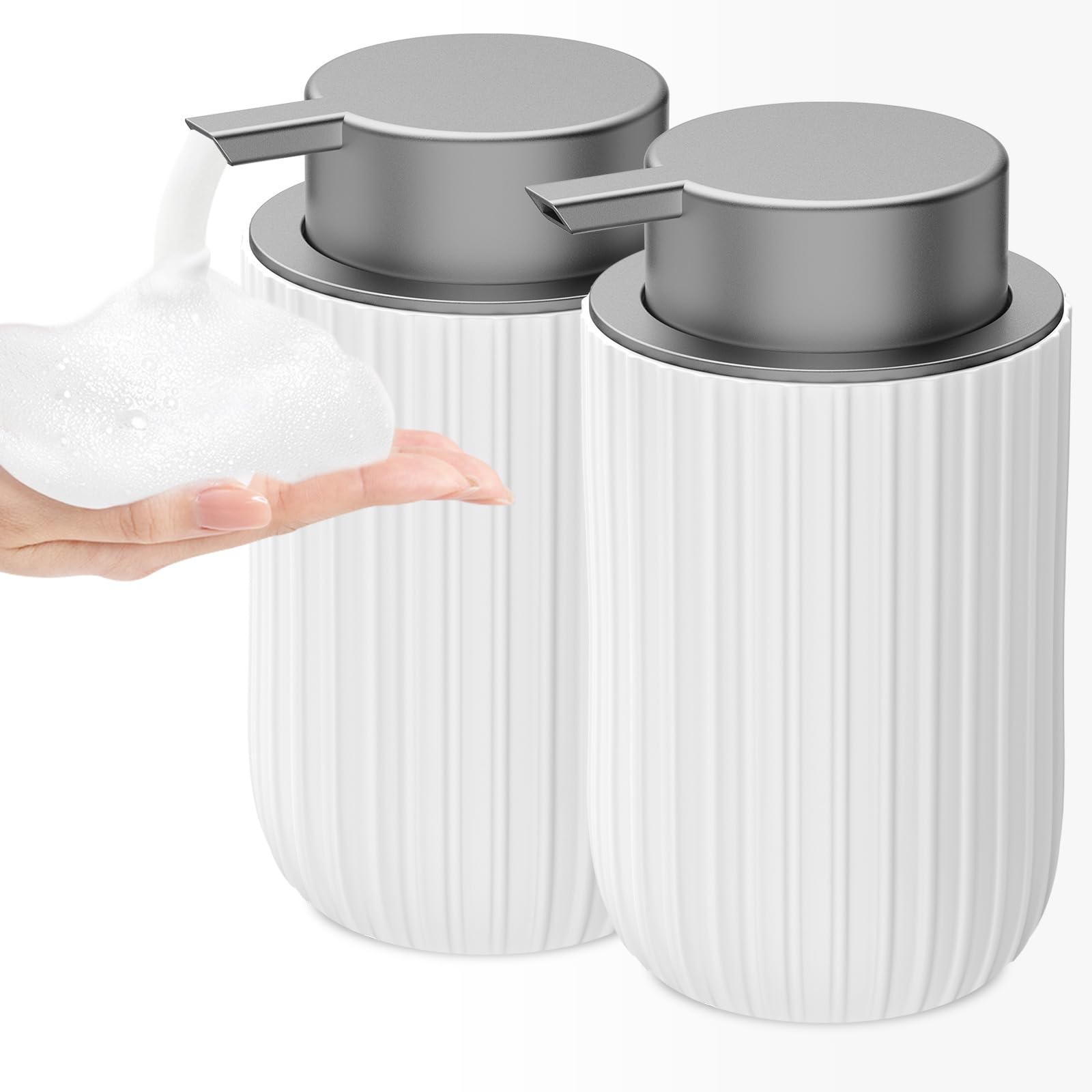 Dlirho ceramic foam dispenser front view in white for kitchen and bath.