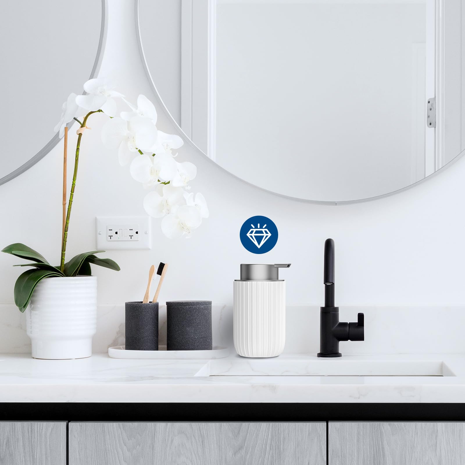 Dlirho ceramic foam dispenser side view with slim silhouette for compact spaces.