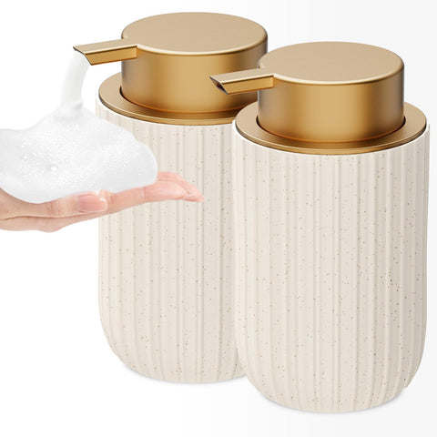 Dlirho speckled beige ceramic foam soap dispenser for bathroom or kitchen sink.