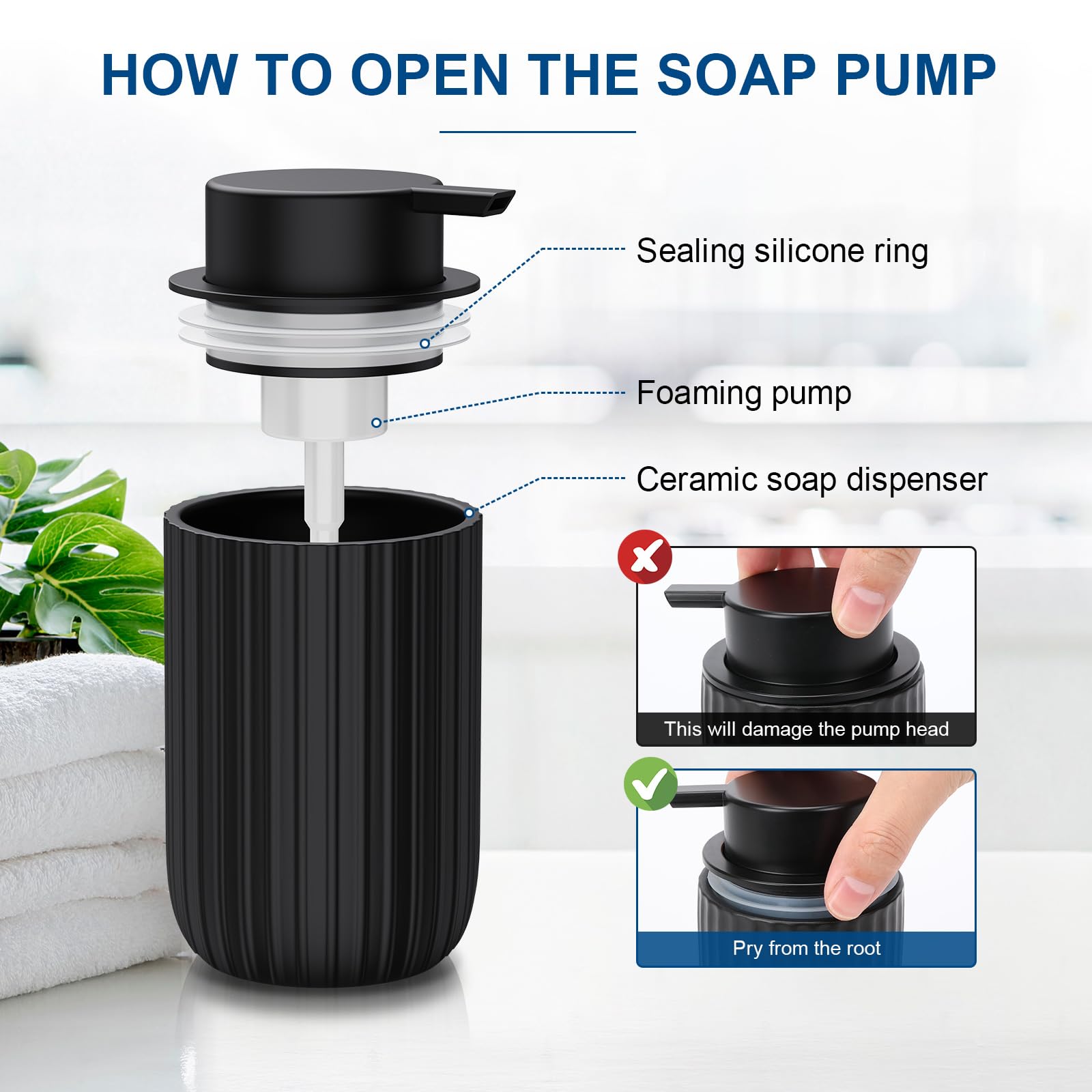 Dlirho ceramic foaming soap dispenser pump detail with silicone seal for a secure fit