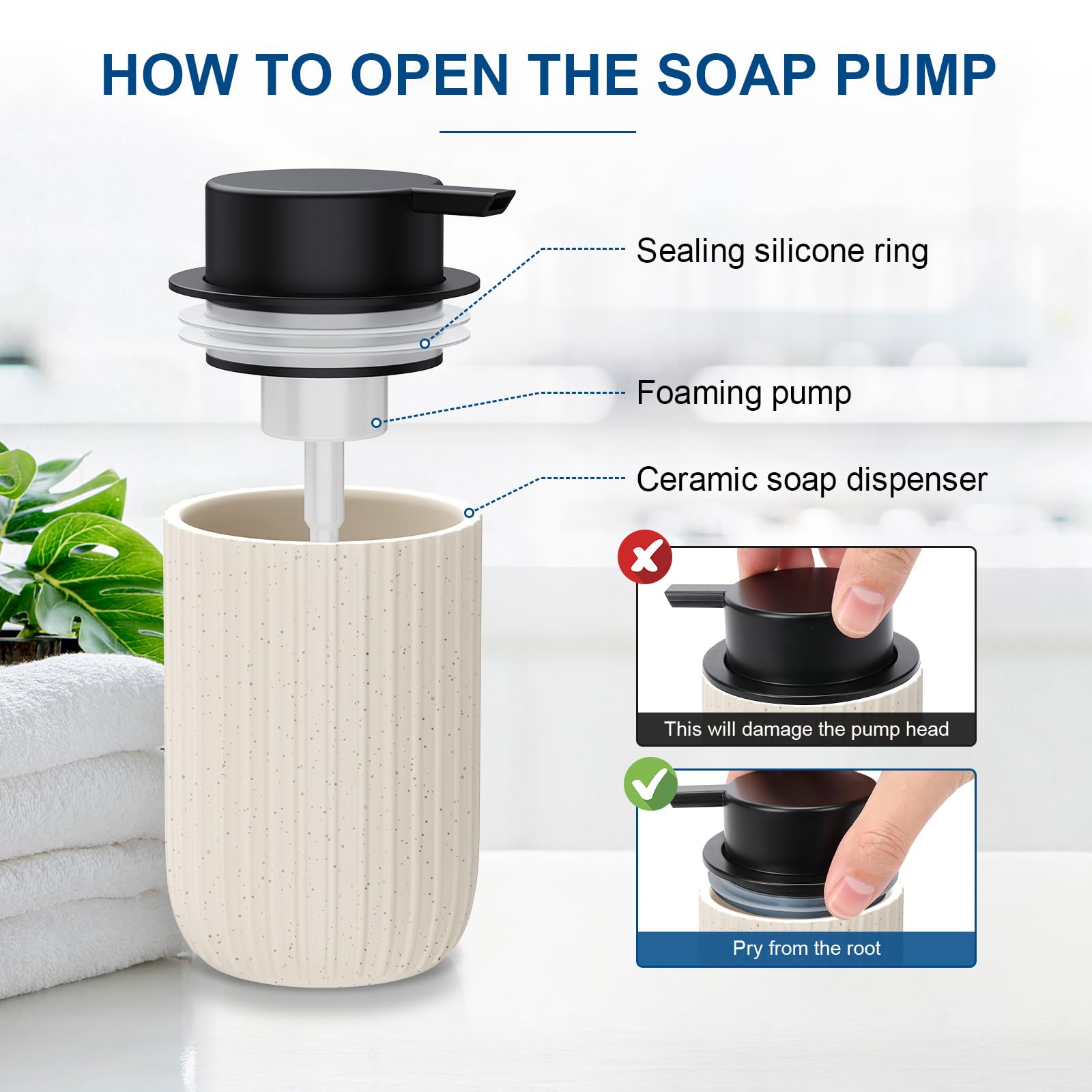 Dlirho foam pump close-up on speckled-beige ceramic dispenser, shows smooth grip and leak-free seal