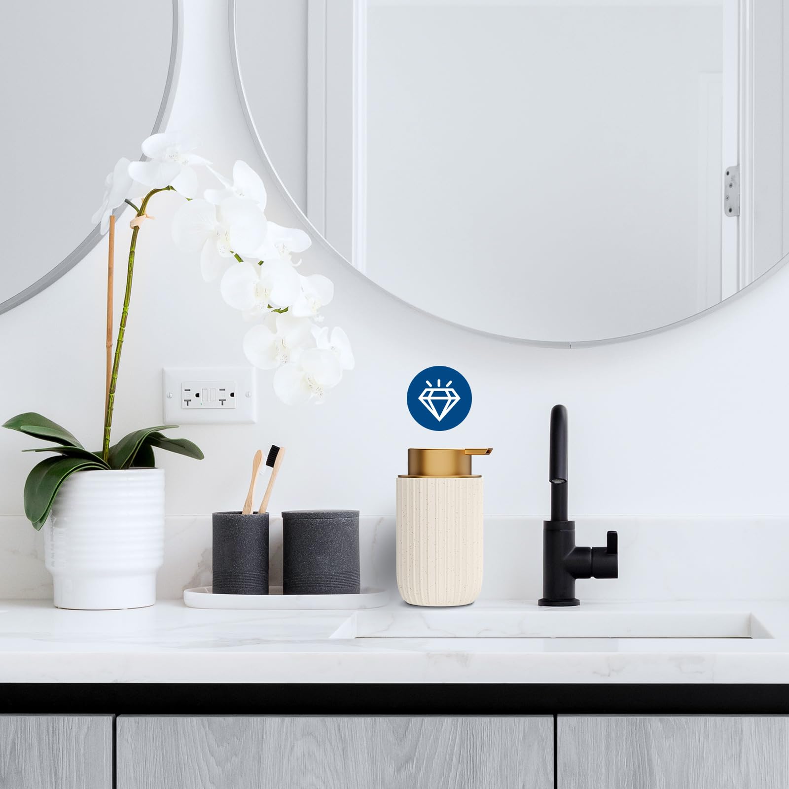 Dlirho speckled beige dispenser enhances kitchen and bathroom décor.