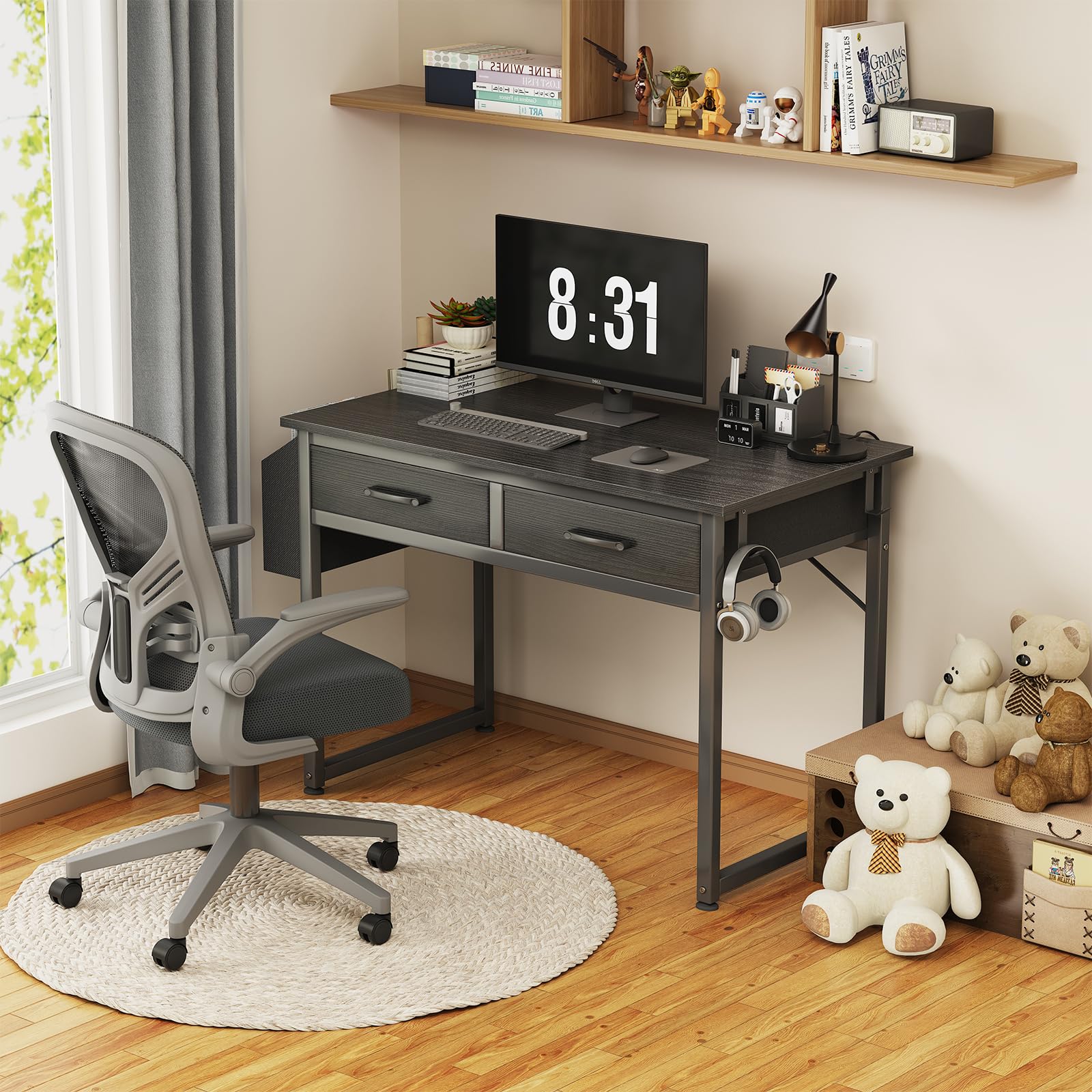 DLisiting 32-inch desk with two drawers ideal for compact rooms.