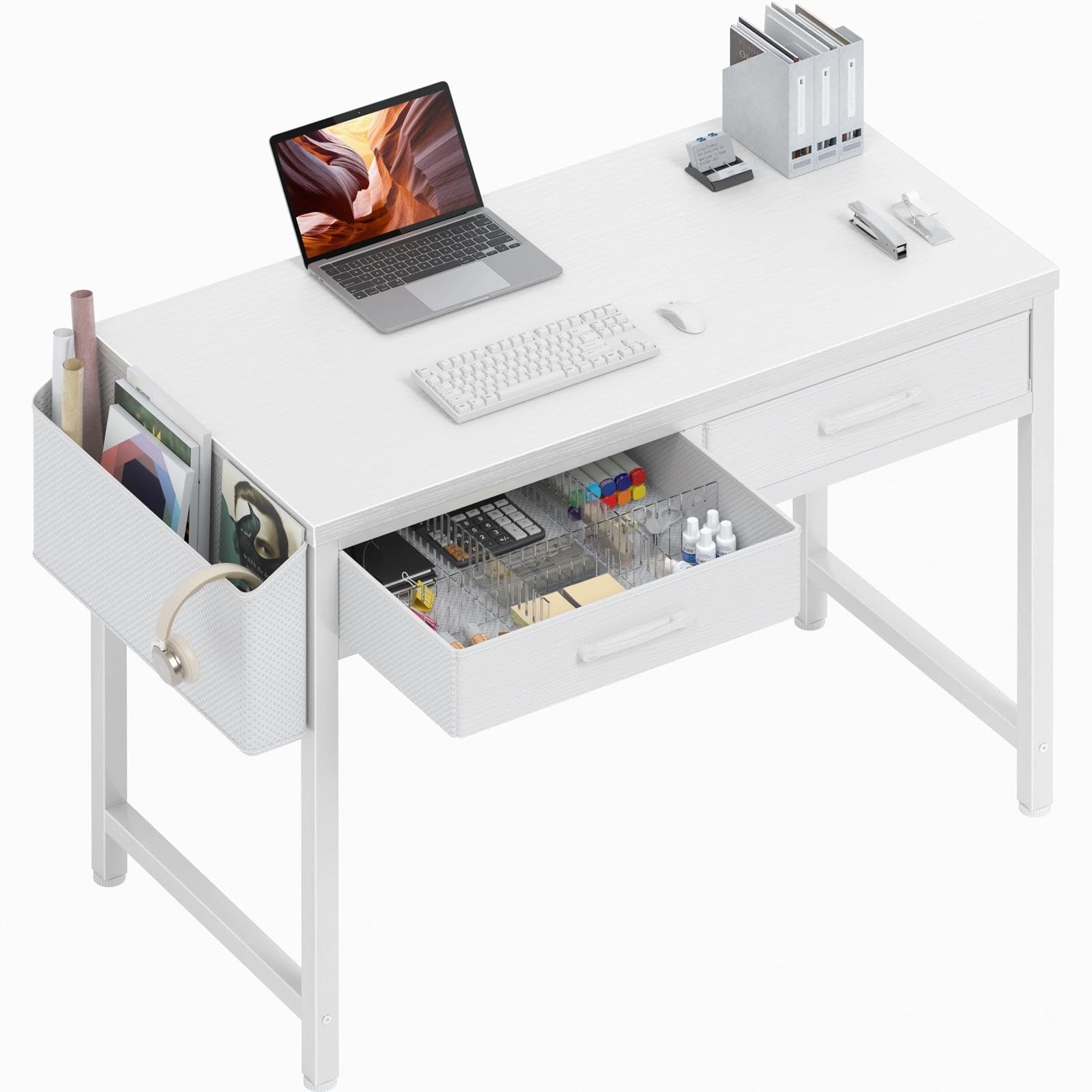 DLisiting 32-inch white desk with two drawers in a compact bedroom setup, space-saving design.