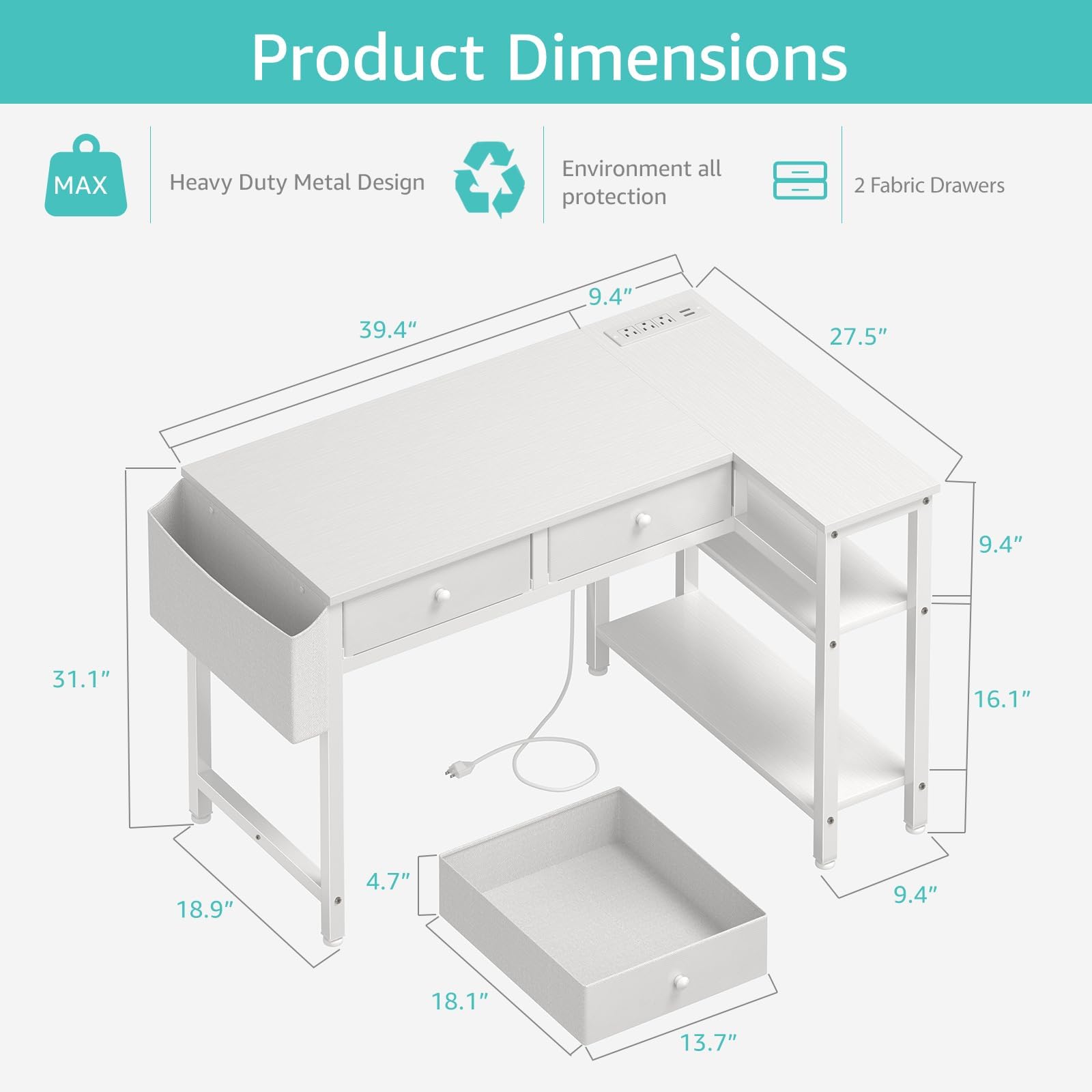 DLisiting 40 inch corner desk with built-in power outlet for multiple devices