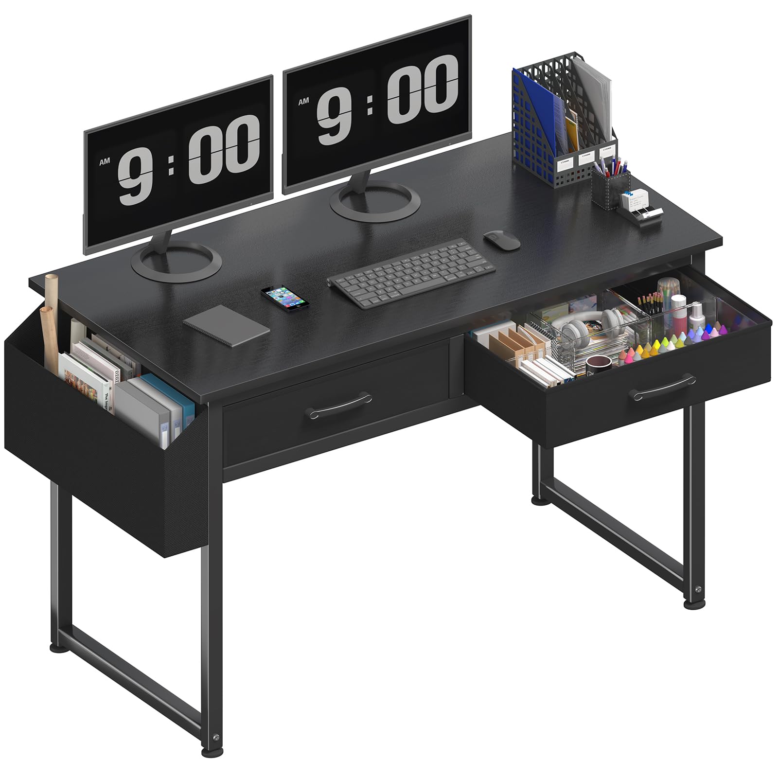 DLisiting desk with fabric drawers offers discreet under-desk storage.