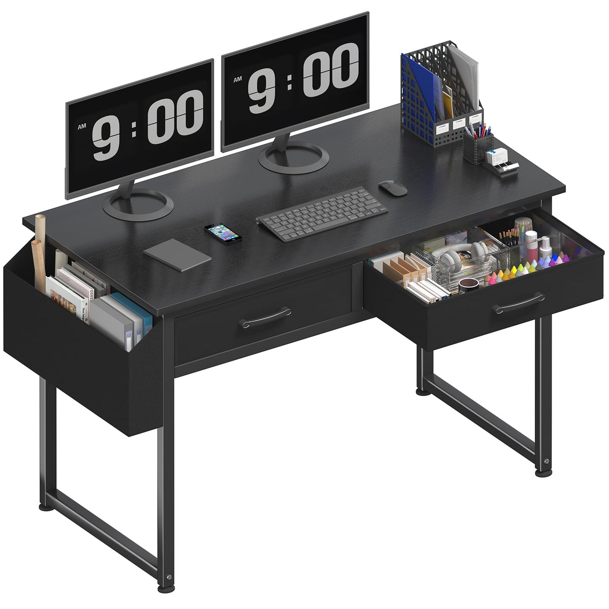 DLisiting desk with fabric drawers offers discreet under-desk storage.