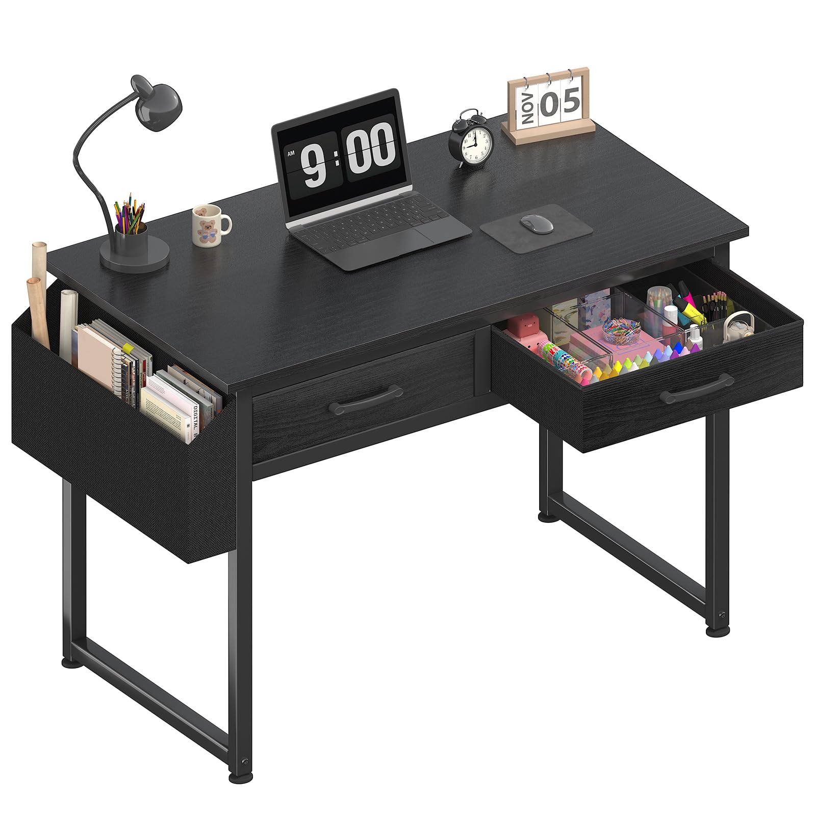 DLisiting small desk with fabric drawers in black boosts bedroom organization.