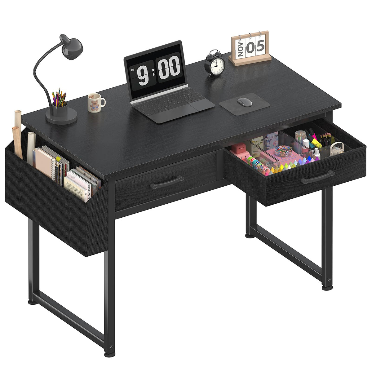 DLisiting small desk with fabric drawers in black boosts bedroom organization.