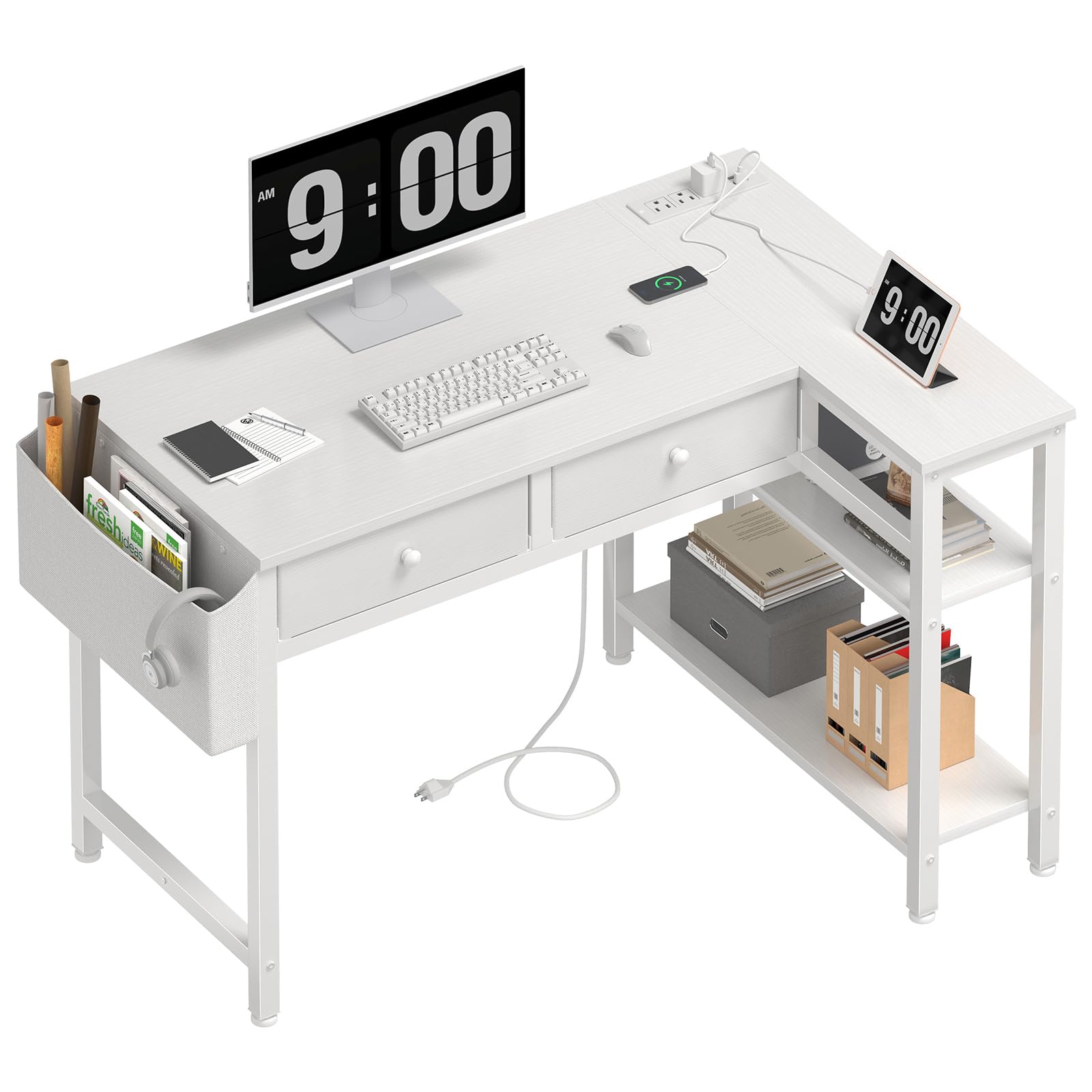 DLisiting small white L-shaped desk with drawers for tidy workspace and easy access