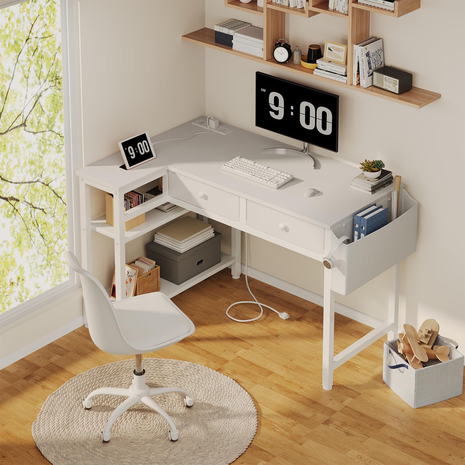 DLisiting white L-shaped desk with storage shelves to save floor space