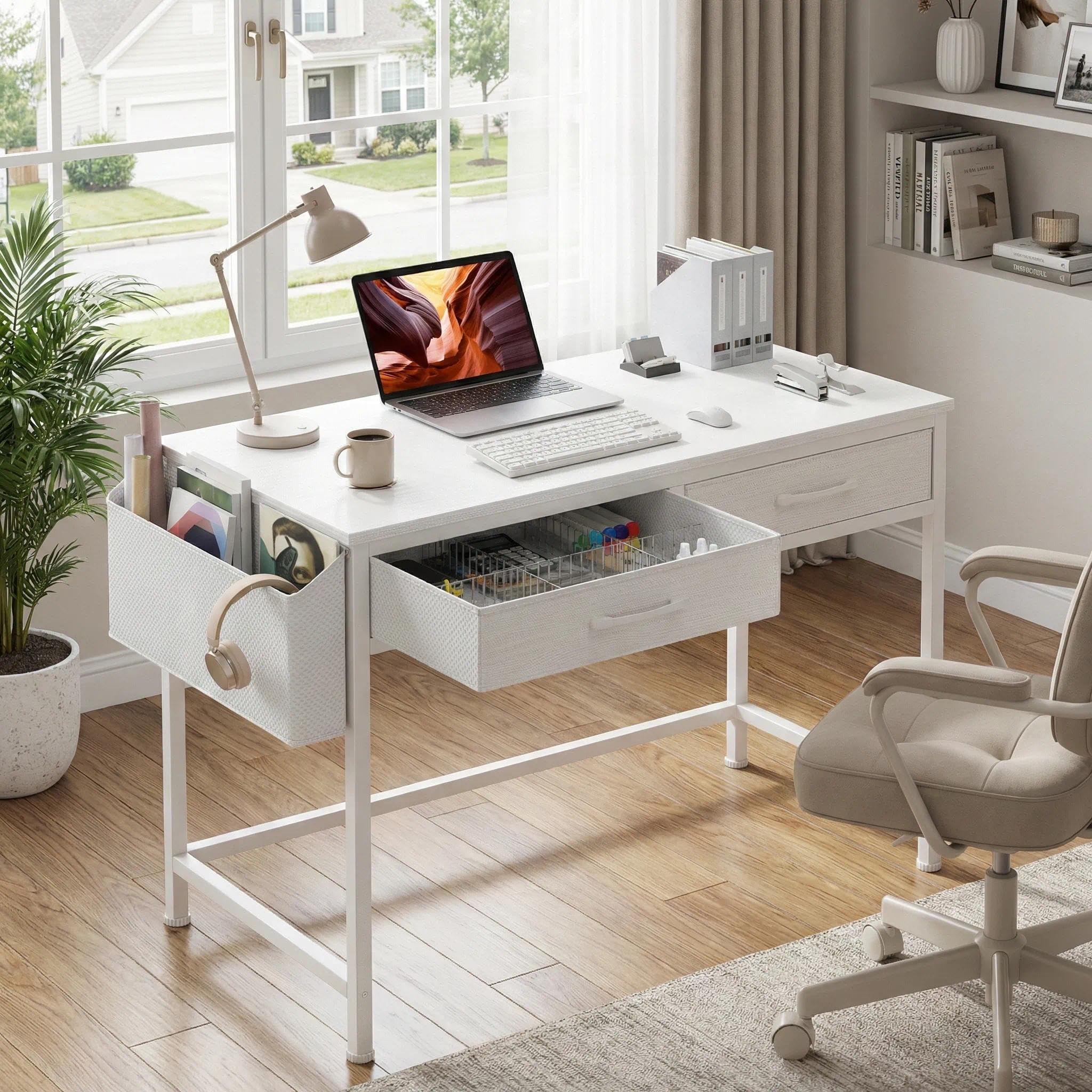 DLisiting white desk vanity-no-mirror setup in a compact room
