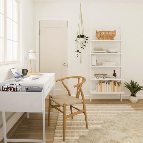 DLisiting white desk with fabric drawers open for organized storage near a desk surface.