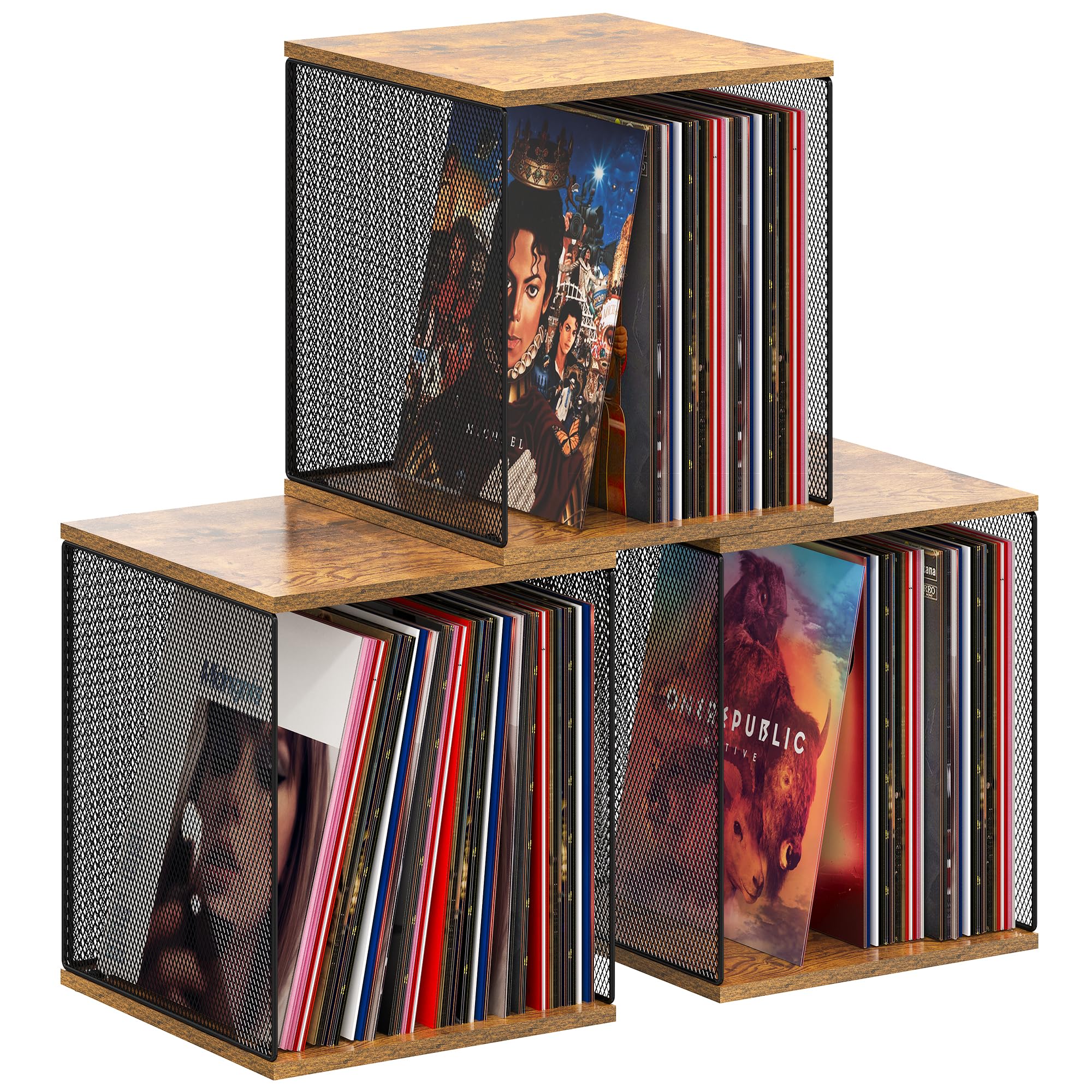 Dmevkic 3 Cube vinyl record storage unit shows a mesh front with wood frame for organized display.