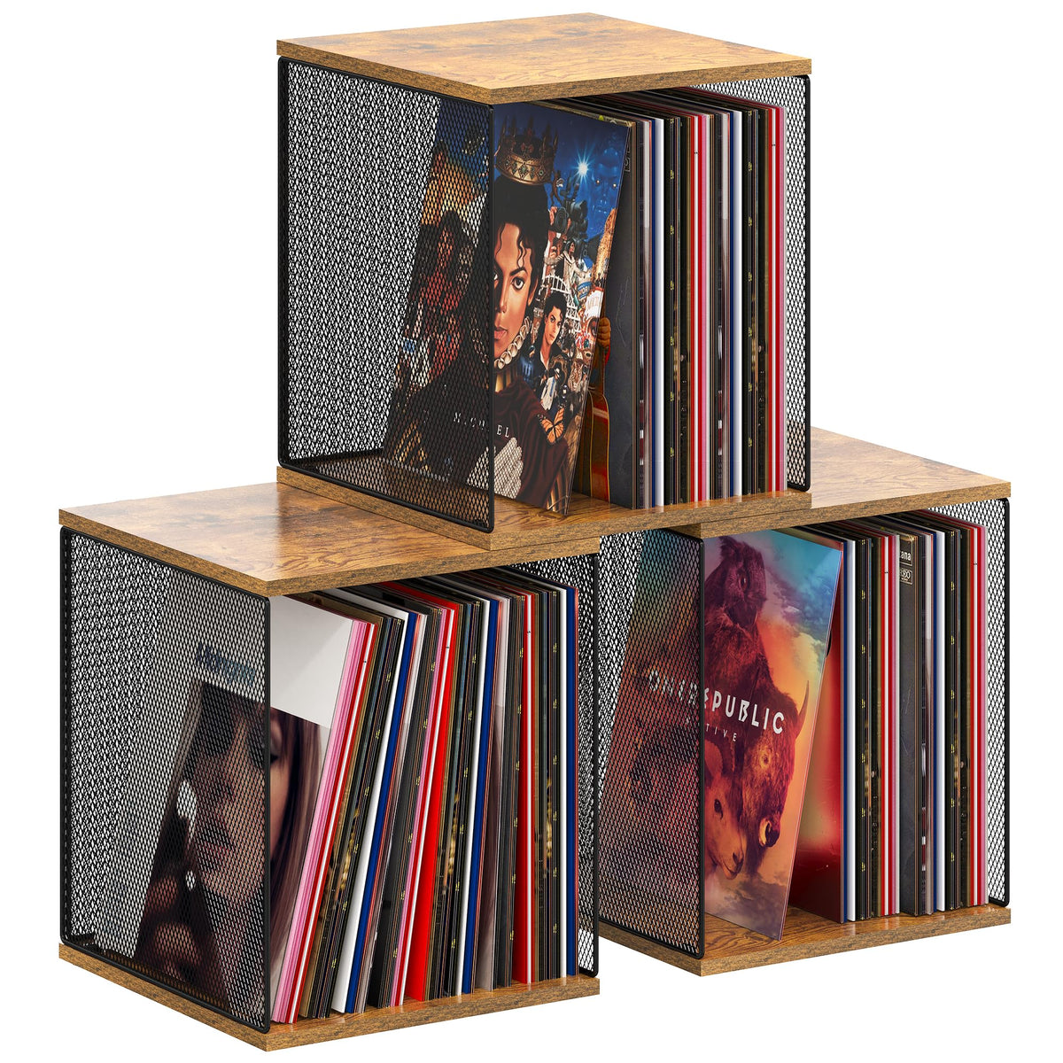 Dmevkic 3 Cube vinyl record storage unit shows a mesh front with wood frame for organized display.
