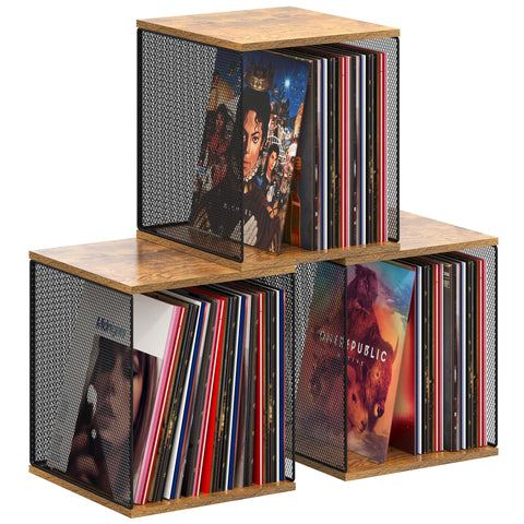 Dmevkic 3 Cube vinyl record storage unit shows a mesh front with wood frame for organized display.