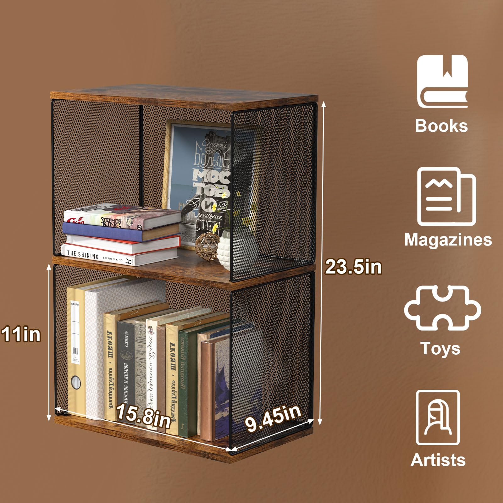 Dmevkic 2-tier front view highlights wood-composite shelves and iron frame.