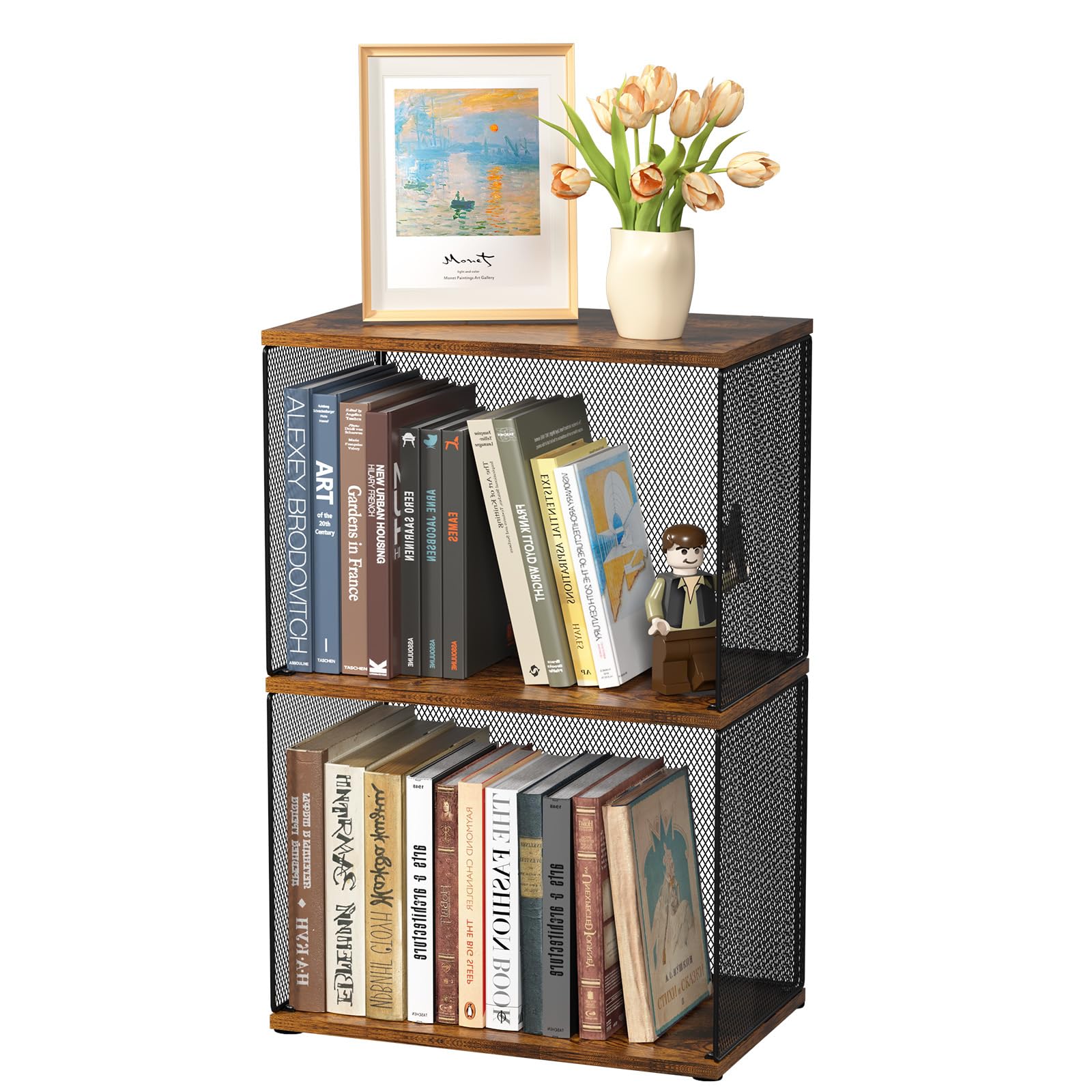 Dmevkic small bookshelf 2-tiers side view with visible wire grid panels for easy access.