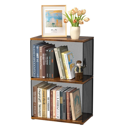 Dmevkic small bookshelf 2-tiers side view with visible wire grid panels for easy access.