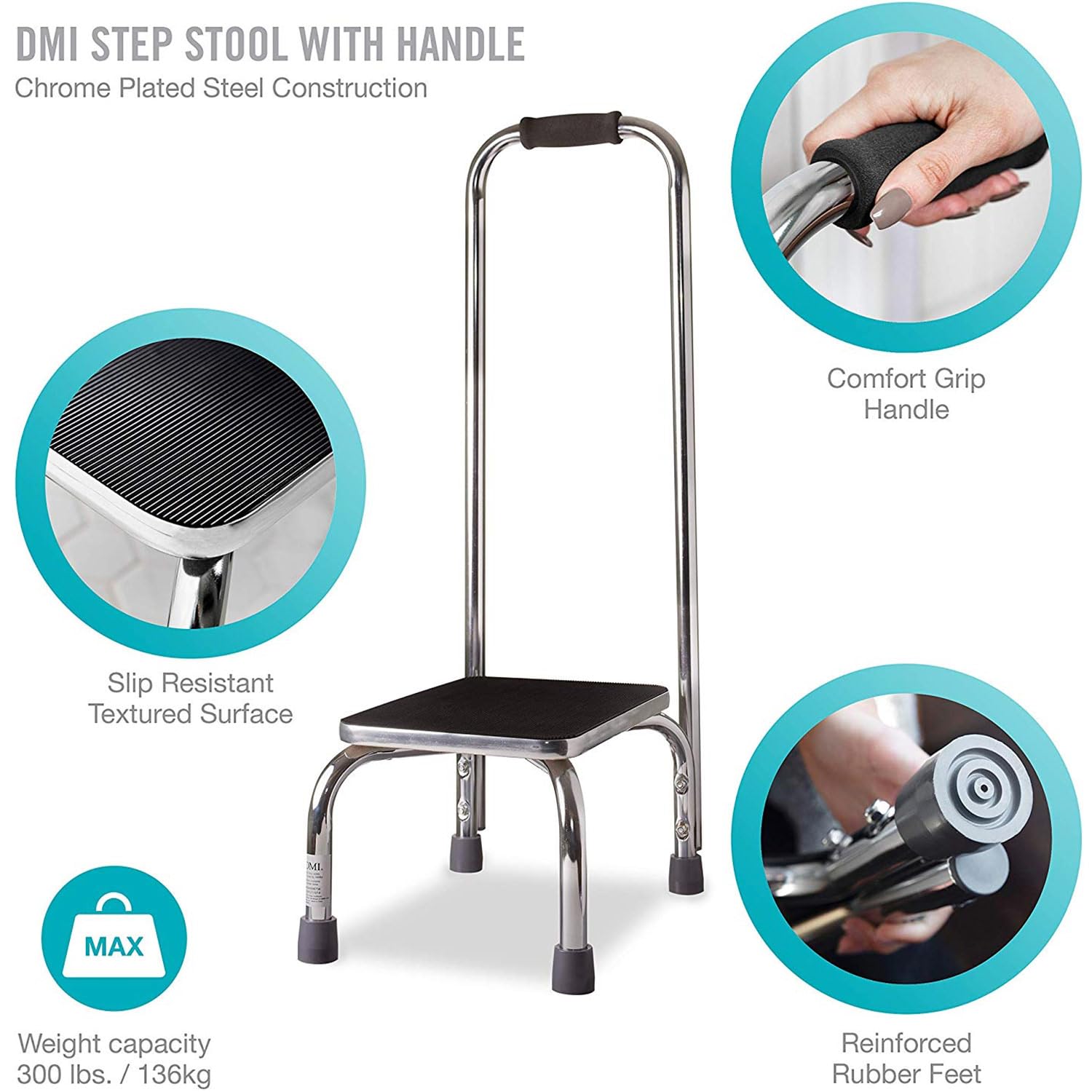 DMI chrome frame shows 34-inch height for sturdy stability.