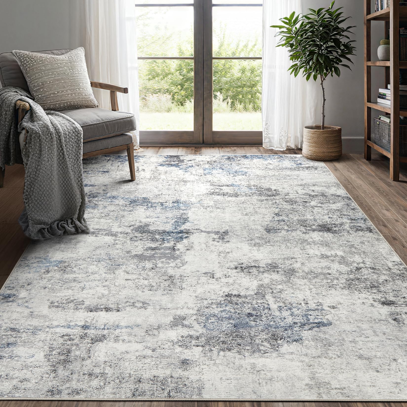 DMOYEST 5x7 washable rug in grey blue with non-slip backing for living rooms.