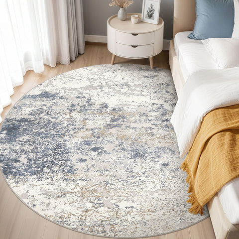 DMOYEST round bedroom rug in beige-blue creates cozy underfoot.