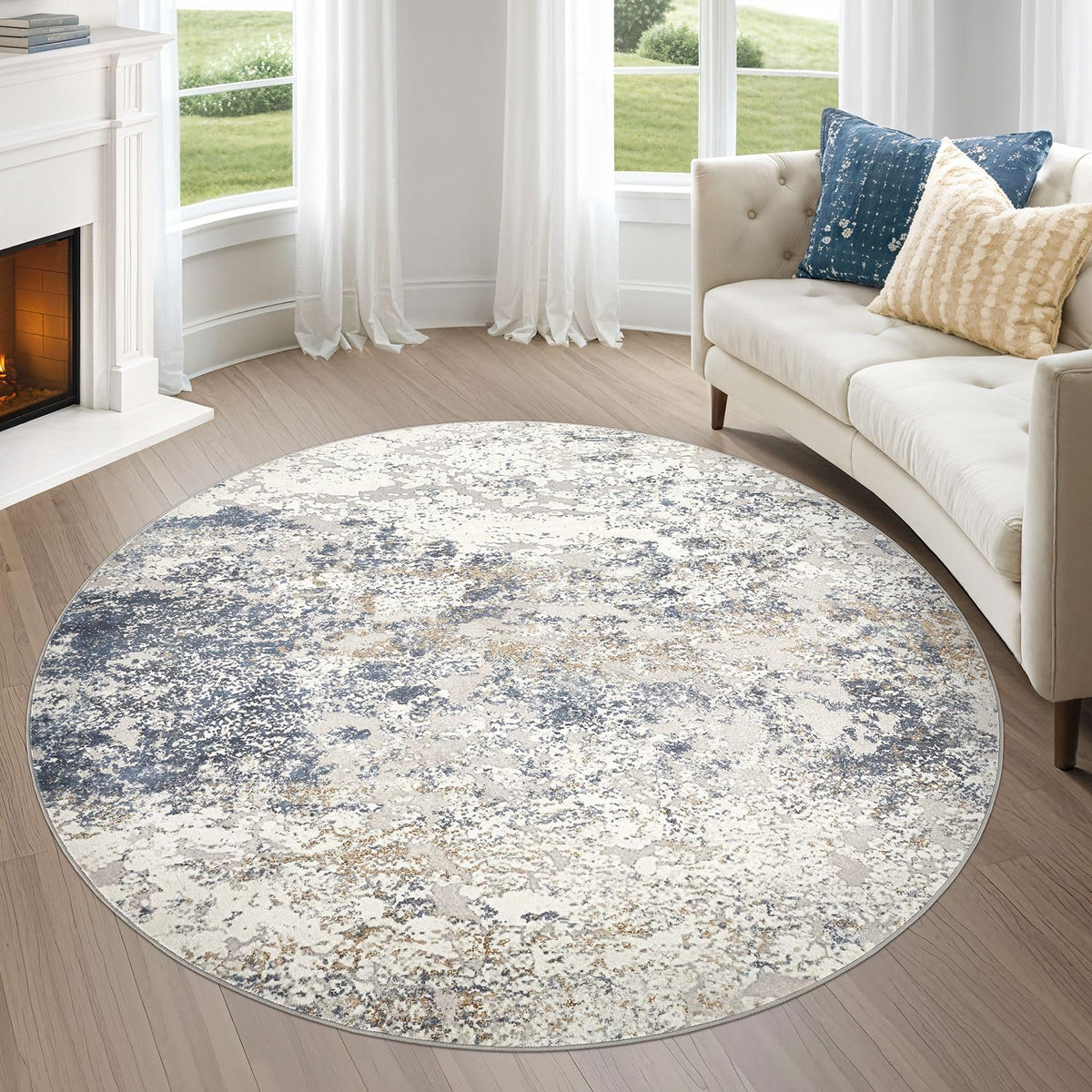 DMOYEST 6ft round living room rug in beige-blue provides soft, foot-friendly comfort.