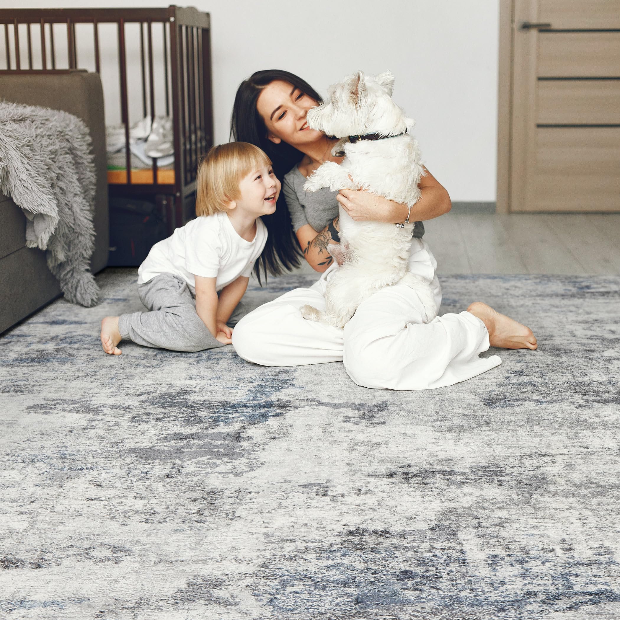DMOYEST abstract pattern rug in grey-blue enhances modern décor.