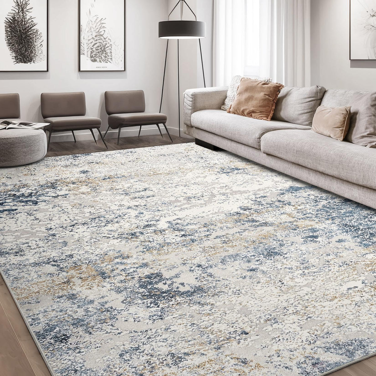 DMOYEST area rug 8x10, abstract beige and blue, adds soft texture to your living room.