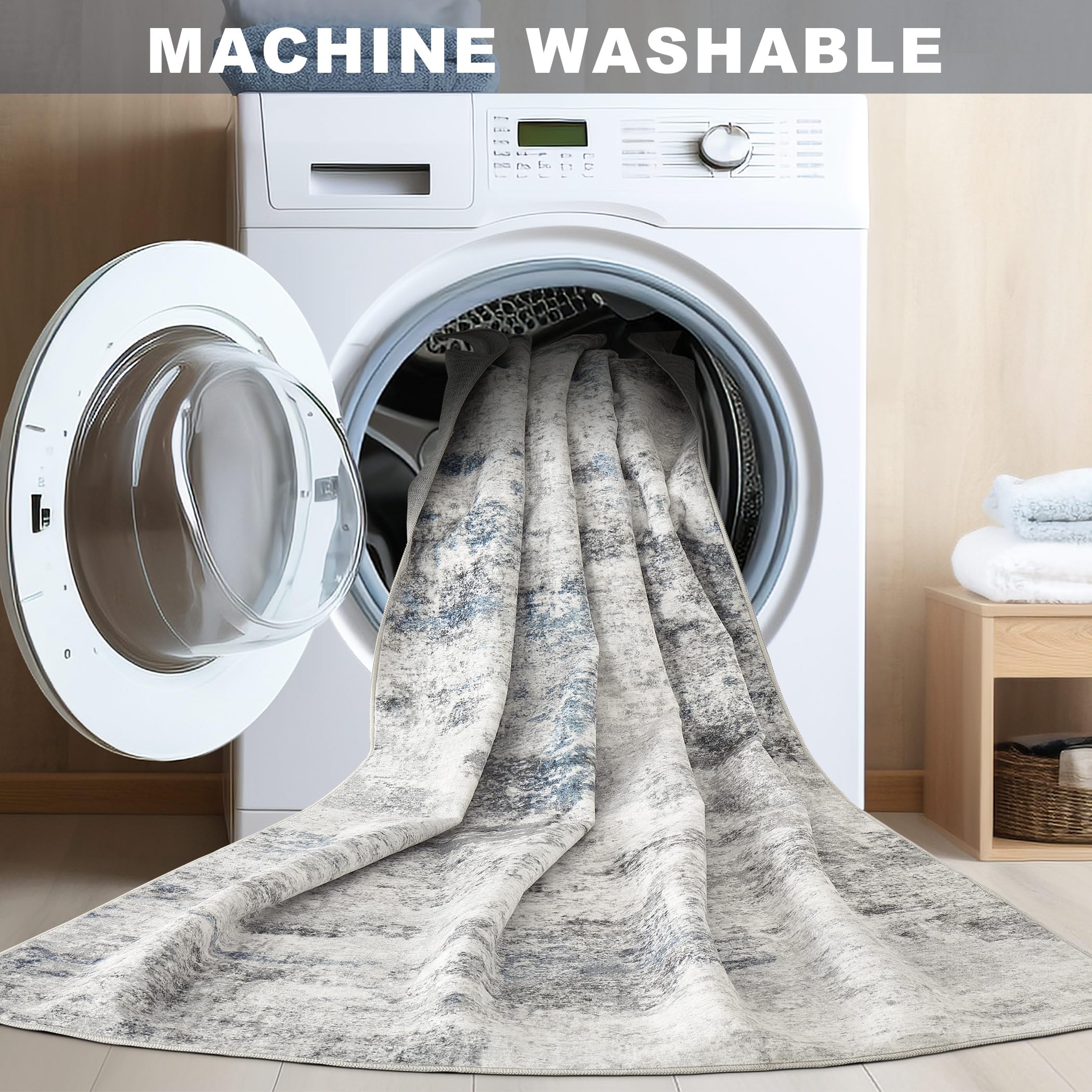 DMOYEST modern neutral abstract rug in calming grey-blue tones.