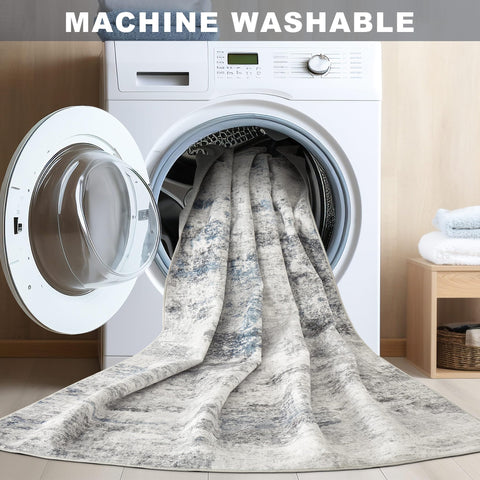DMOYEST modern neutral abstract rug in calming grey-blue tones.
